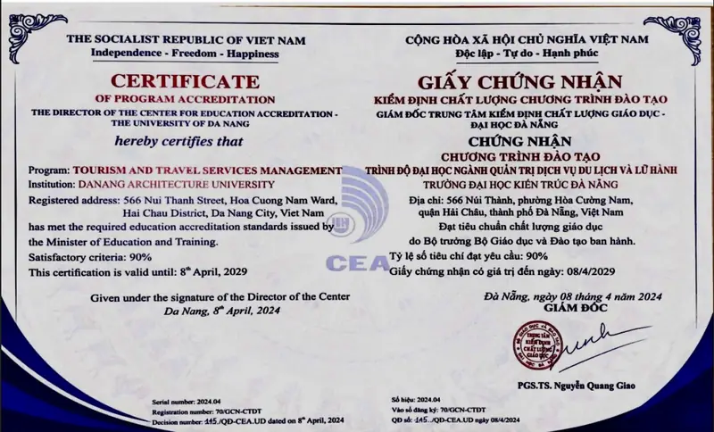 Chứng nhận kiểm định chương trình Quản trị dịch vụ du lịch và lữ hành