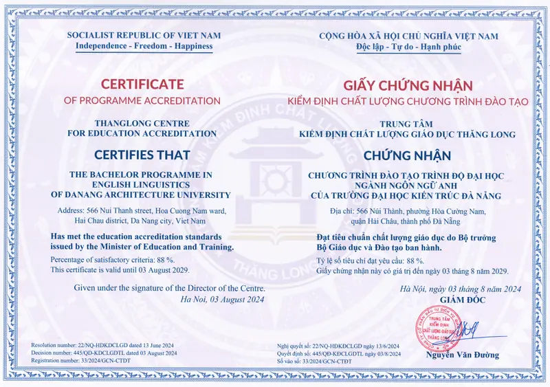 Chứng nhận kiểm định chương trình Ngôn ngữ Anh